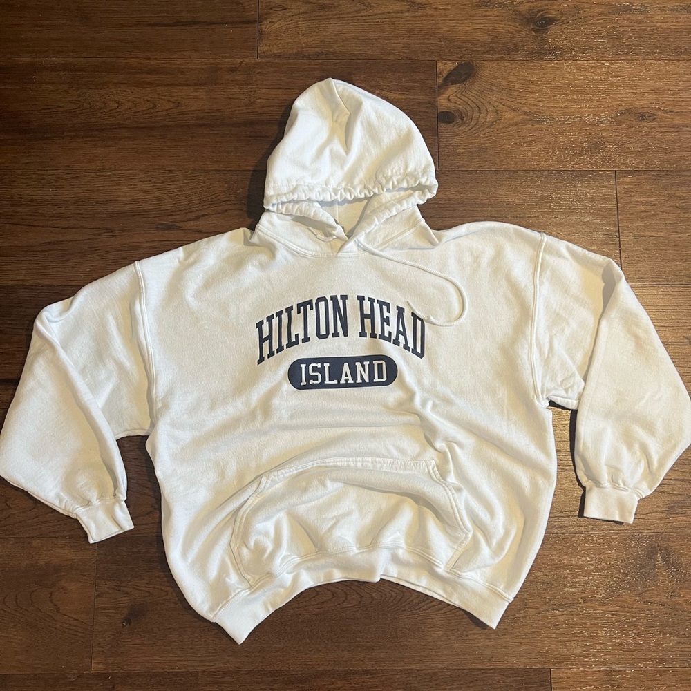 Vintage Gildan White Hoodie with Navy Print